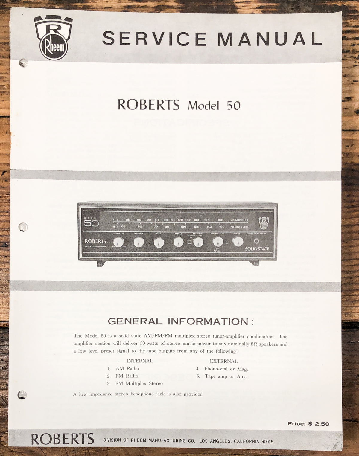 Roberts Model 50 Receiver  Service Manual *Original*