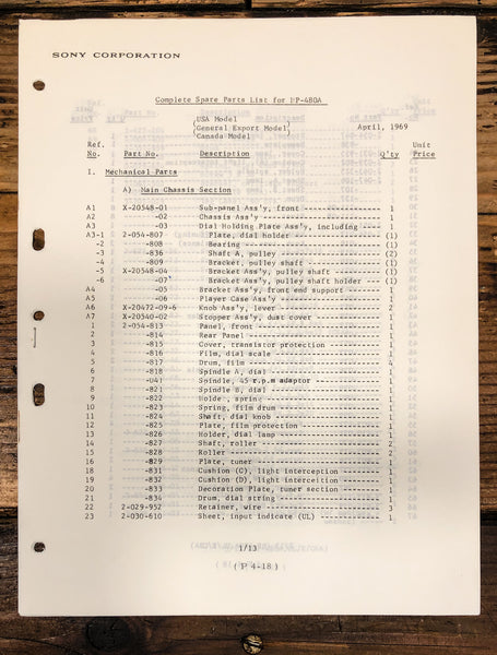 Sony HP-480A Stereo Parts List Manual *Original*