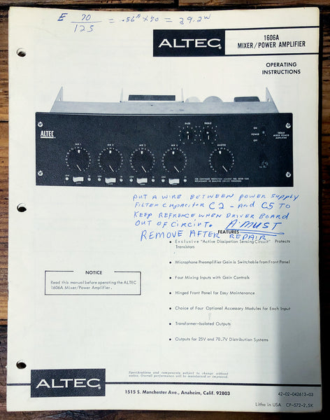 Altec Model 1606A Amplifier  Owners Manual & Schematic *Orig*