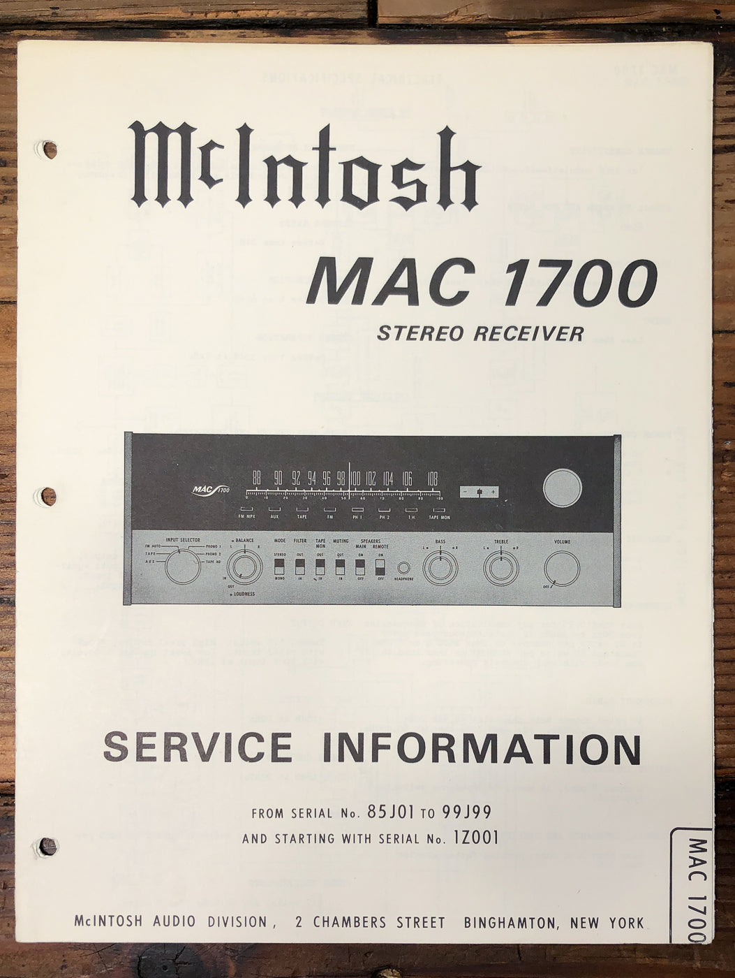 McIntosh MAC 1700 Receiver 85J01-99J99 Service Manual *Original*
