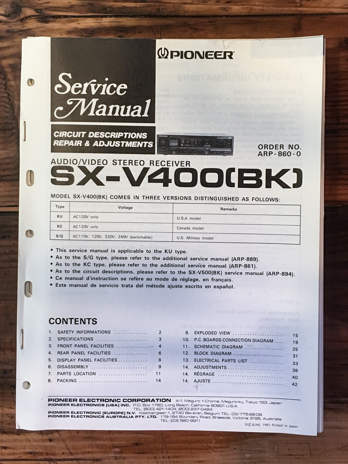 Pioneer SX-V400 Receiver Service Manual *Original*