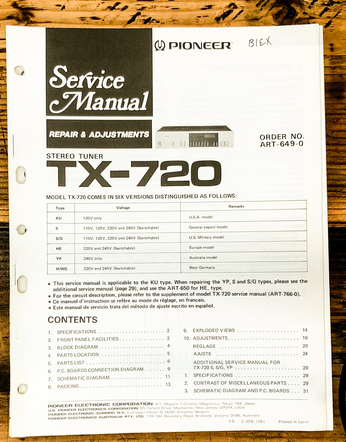 Pioneer TX-720 Tuner Service Manual *Original*