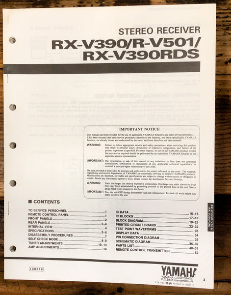 Yamaha RX-V390 RDS R-V501 Receiver  Service Manual *Original*
