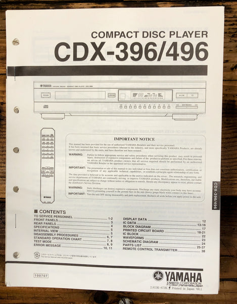 Yamaha CDX-396 CDX-496 CD Player  Service Manual *Original*
