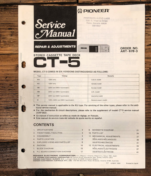 Pioneer CT-5 Cassette Service Manual *Original*