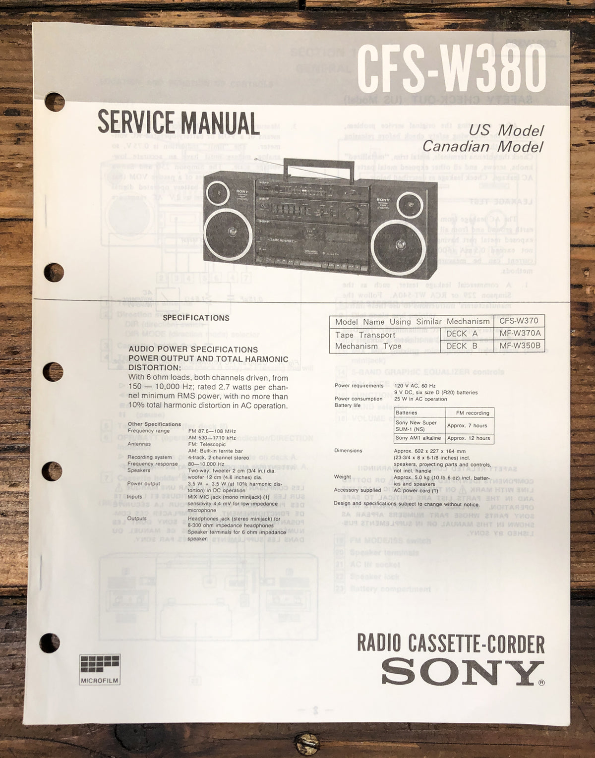 Sony CFS-W380 Radio Service Manual *Original*