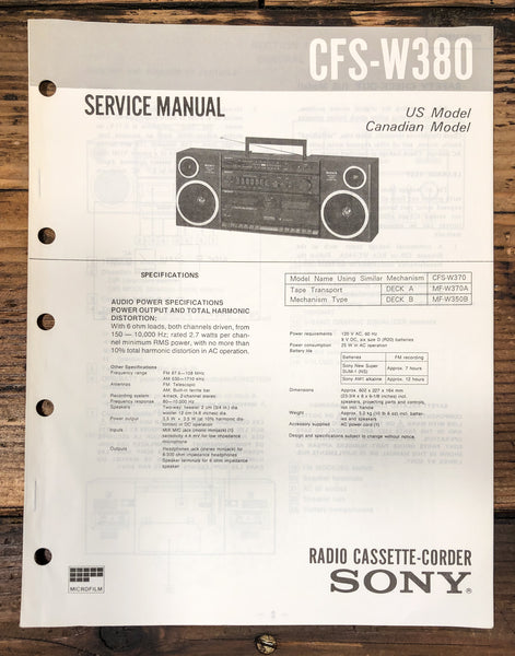 Sony CFS-W380 Radio Service Manual *Original*