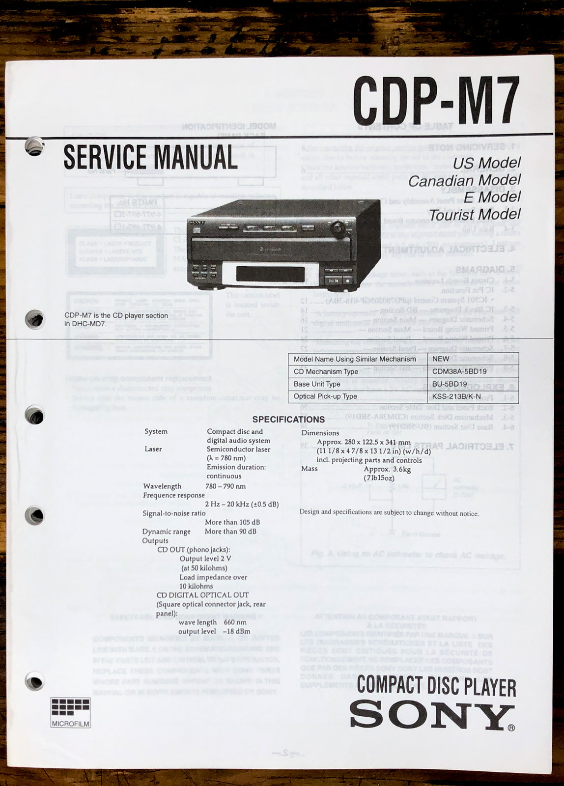 Sony CDP-M7 CD Player  Service Manual *Original*