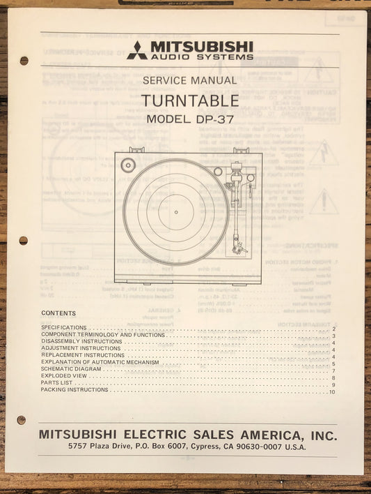 Mitsubishi DP-37 Record Player / Turntable  Service Manual *Original*