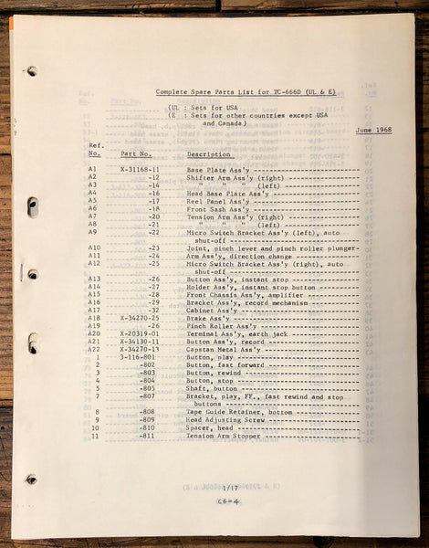 Sony TC-666D Tape Recorder Parts List Manual   *Original*