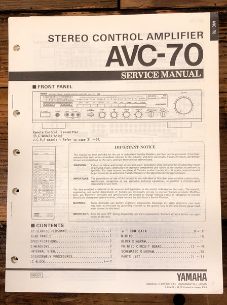 Yamaha AVC-70 Amplifier  Service Manual *Original*