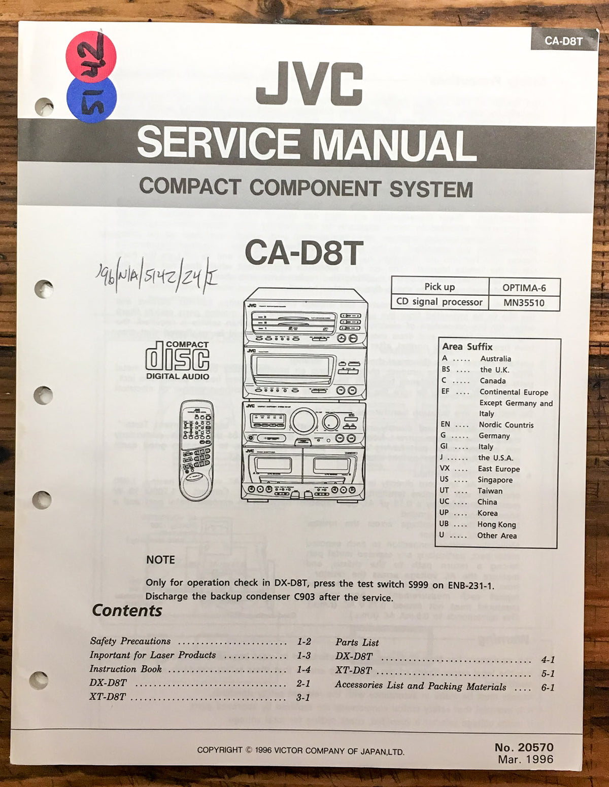 JVC CA-D8T Stereo  Service Manual *Original*