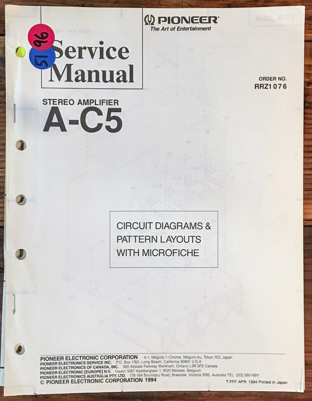 Pioneer A-C5 Amplfier  Service Manual *Original*