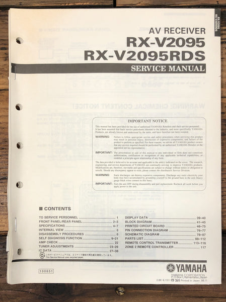 Yamaha RX-V2095 RX-V2095RDS Receiver  Service Manual *Original*