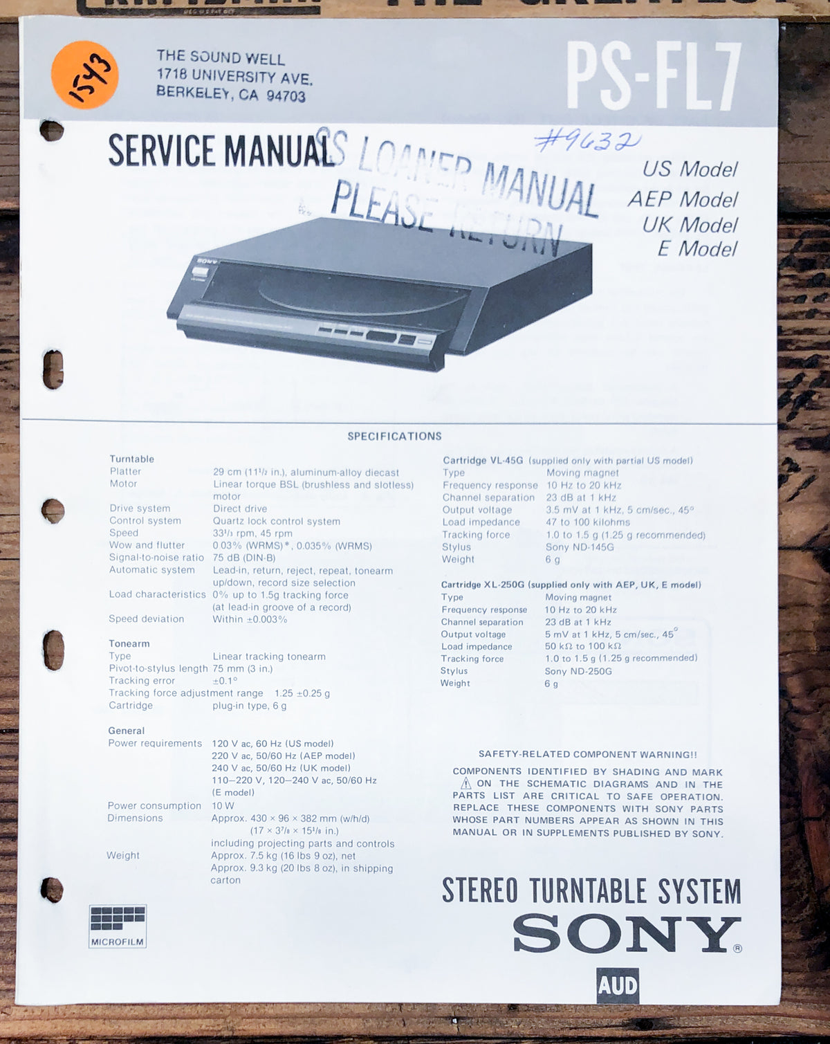 Sony PS-FL7 Record Player / Turntable  Service Manual *Original*