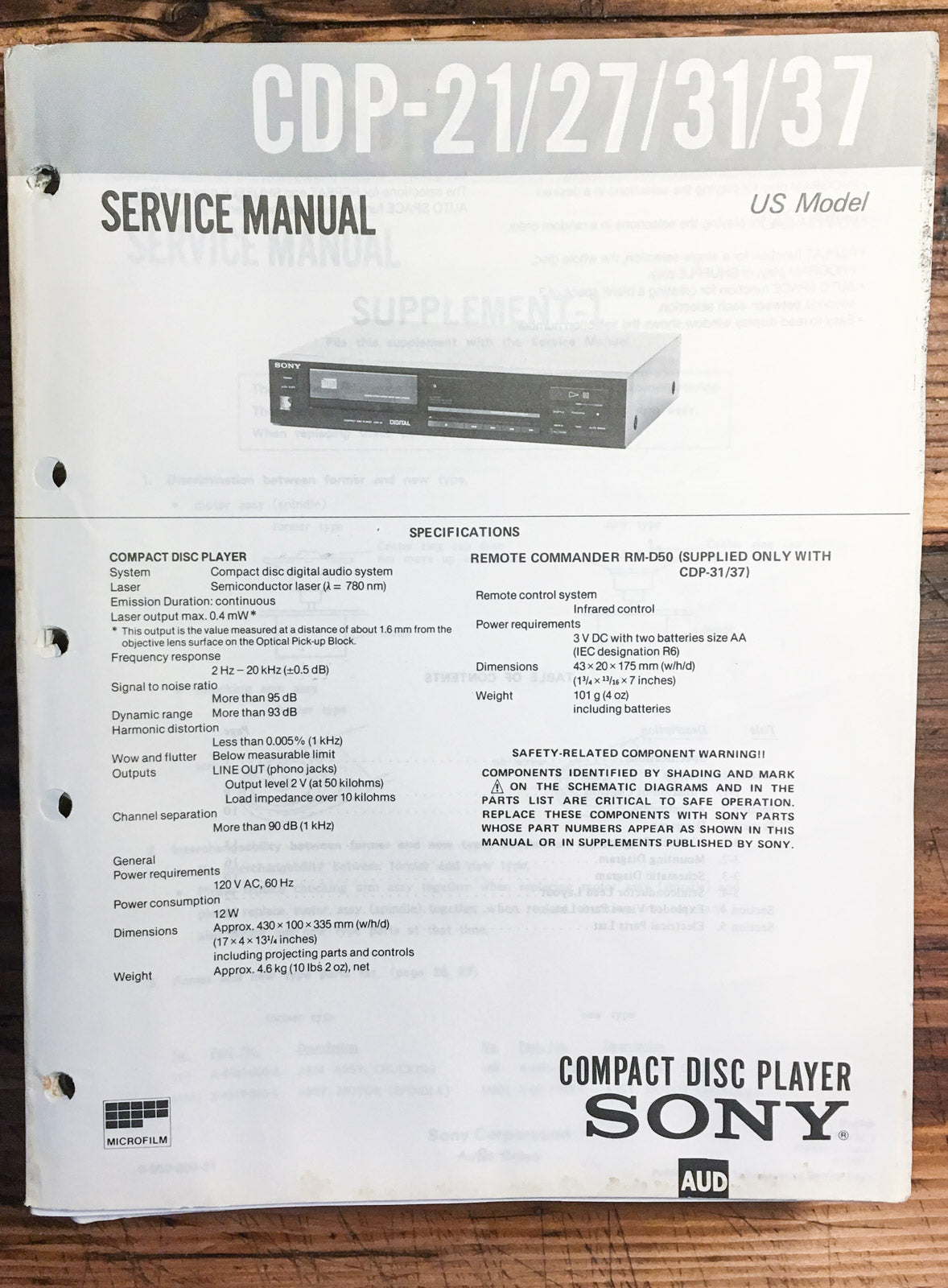 Sony CDP-21 -27 -31 -37 CD Player  Service Manual *Original*