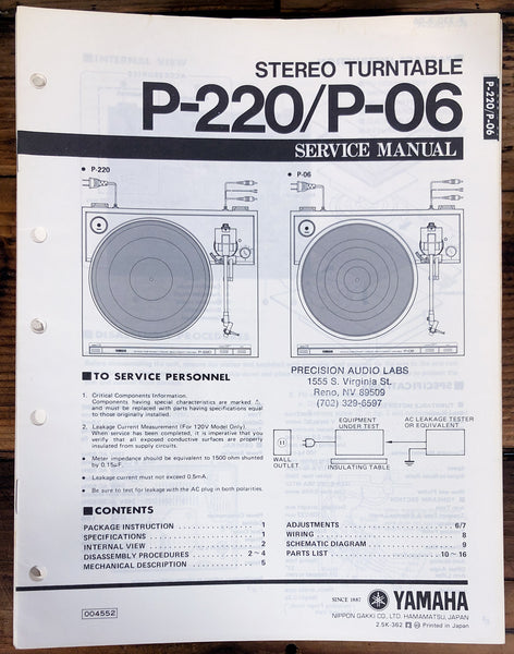 Yamaha P-220 P-06 Record Player / Turntable  Service Manual *Original*