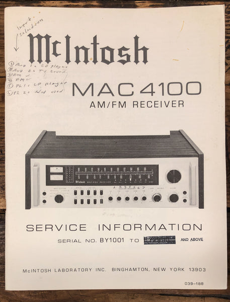 McIntosh MAC 4100 Receiver  Service Manual *Original* #2