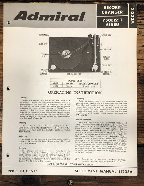 Admiral 750E 1211 Record Player / Turntable Service Manual *Original* #1