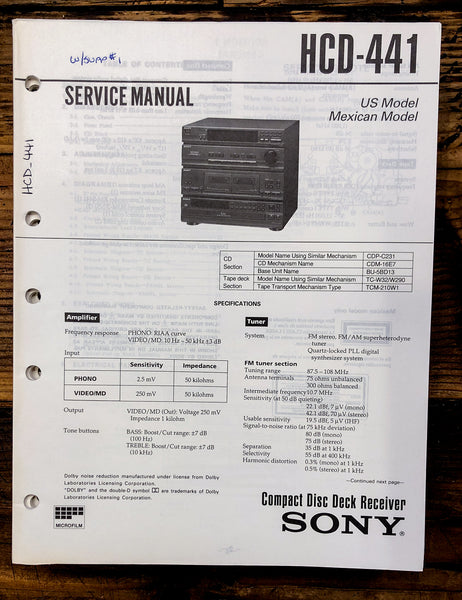 Sony HCD-441 Stereo  Service Manual *Original*