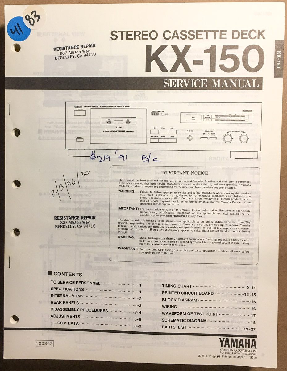 Yamaha KX-150 Cassette  Service Manual *Original*