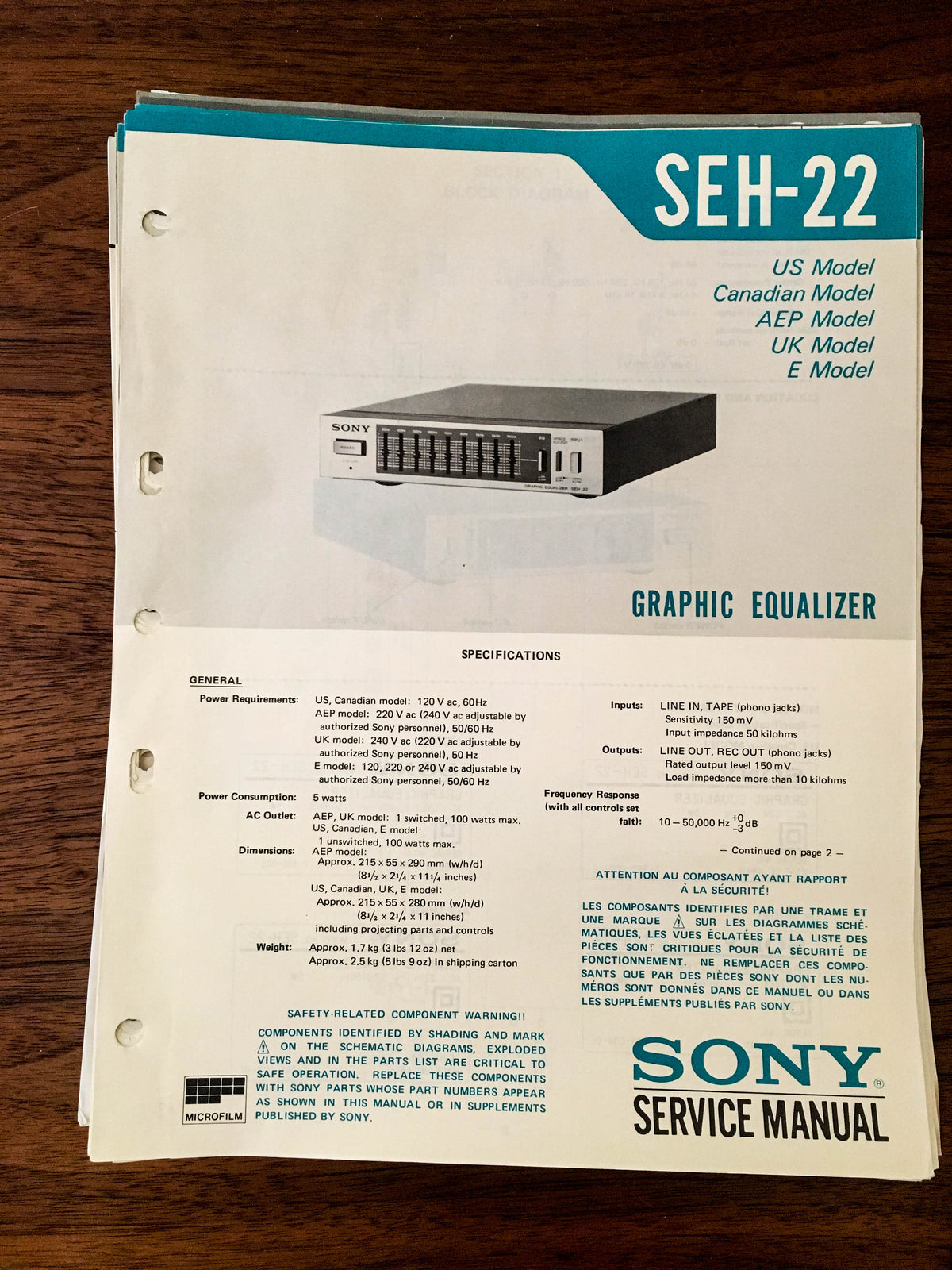 Sony SEH-22 Equalizer Service Manual *Original*