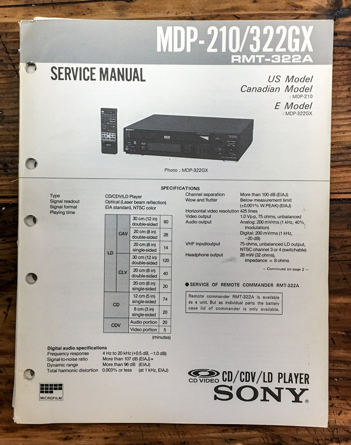 Sony MDP-210 MDP-322GX CD CDV LD Player  Service Manual *Original*