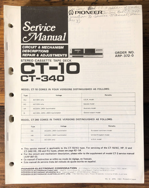 Pioneer CT-10 CT-340 Cassette  Service Manual *Original*