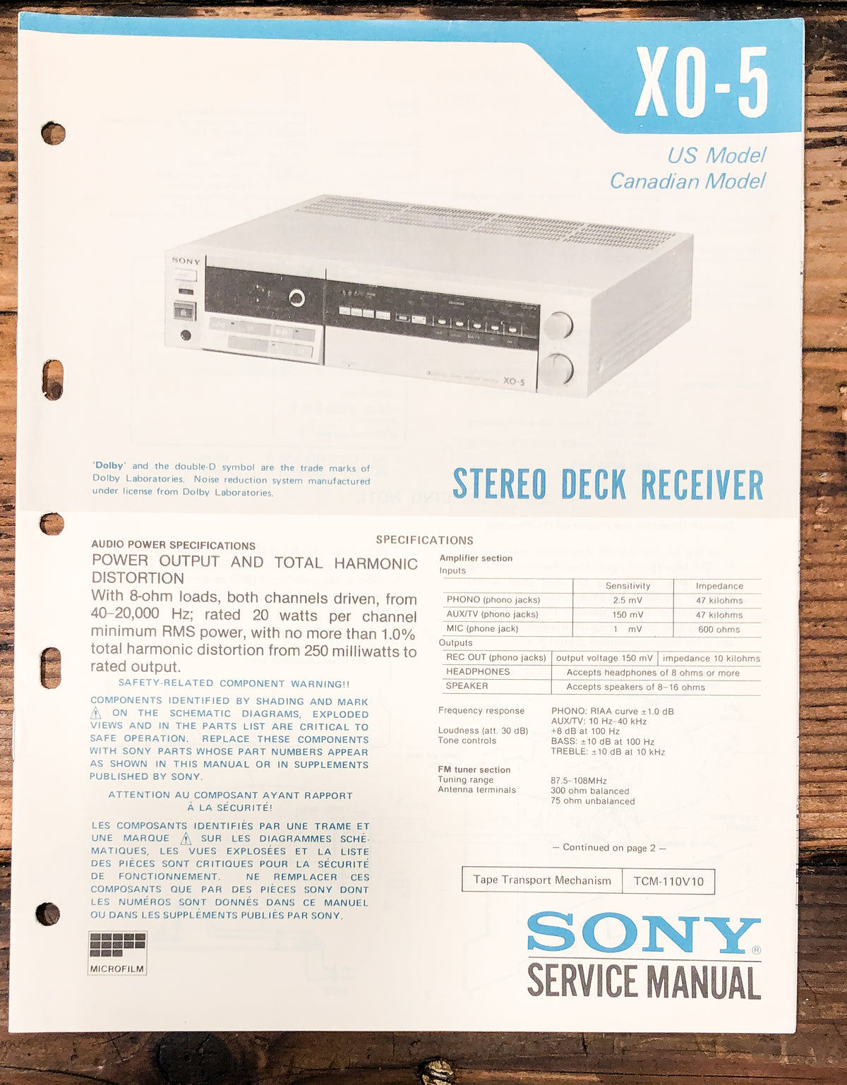 Sony XO-5 Cassette Receiver Service Manual *Original*