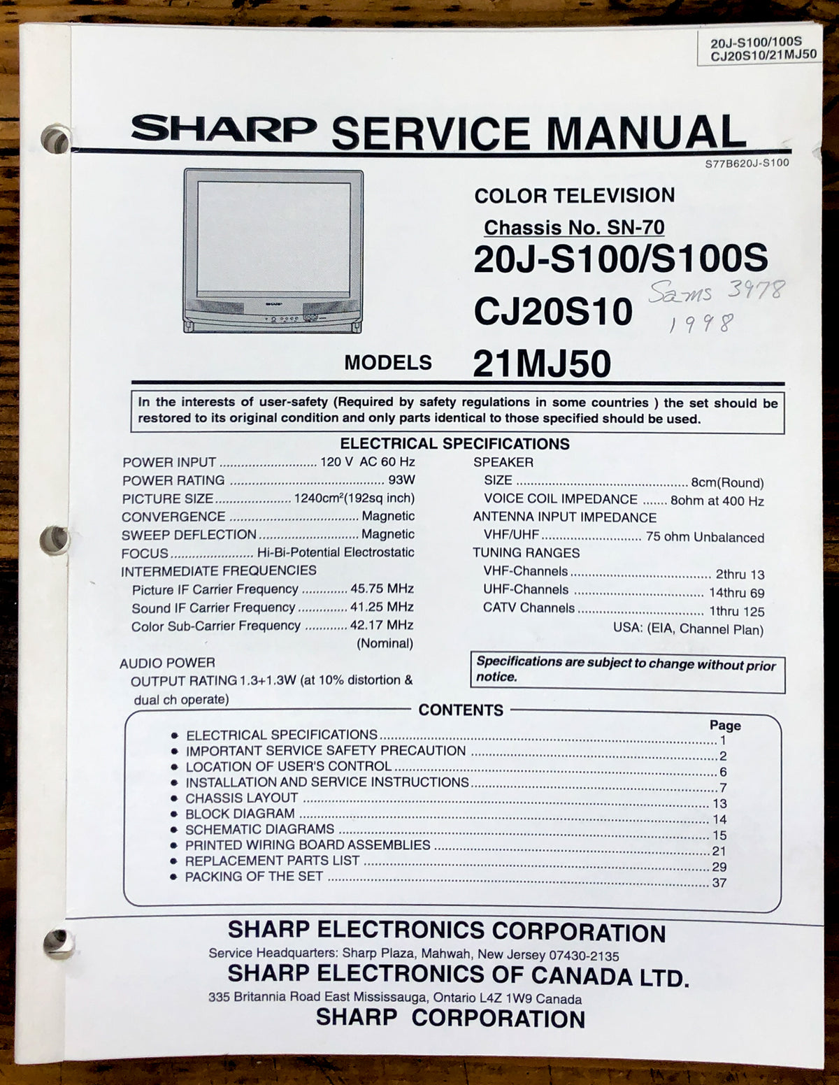 Sharp 20J-S100 100S CJ20S10 21MJ50 TV / Television Service Manual *Original*