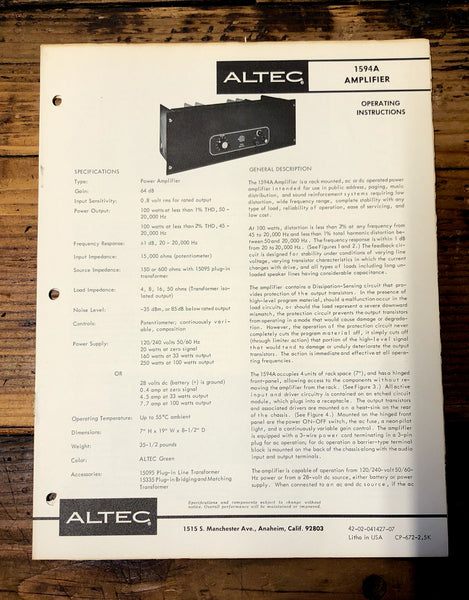 Altec Model 1594A Amplifier  Owners Manual & Schematic *Orig*