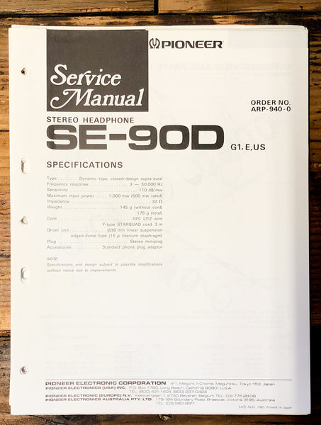 Pioneer SE-90D Headphones  Service Manual *Original*