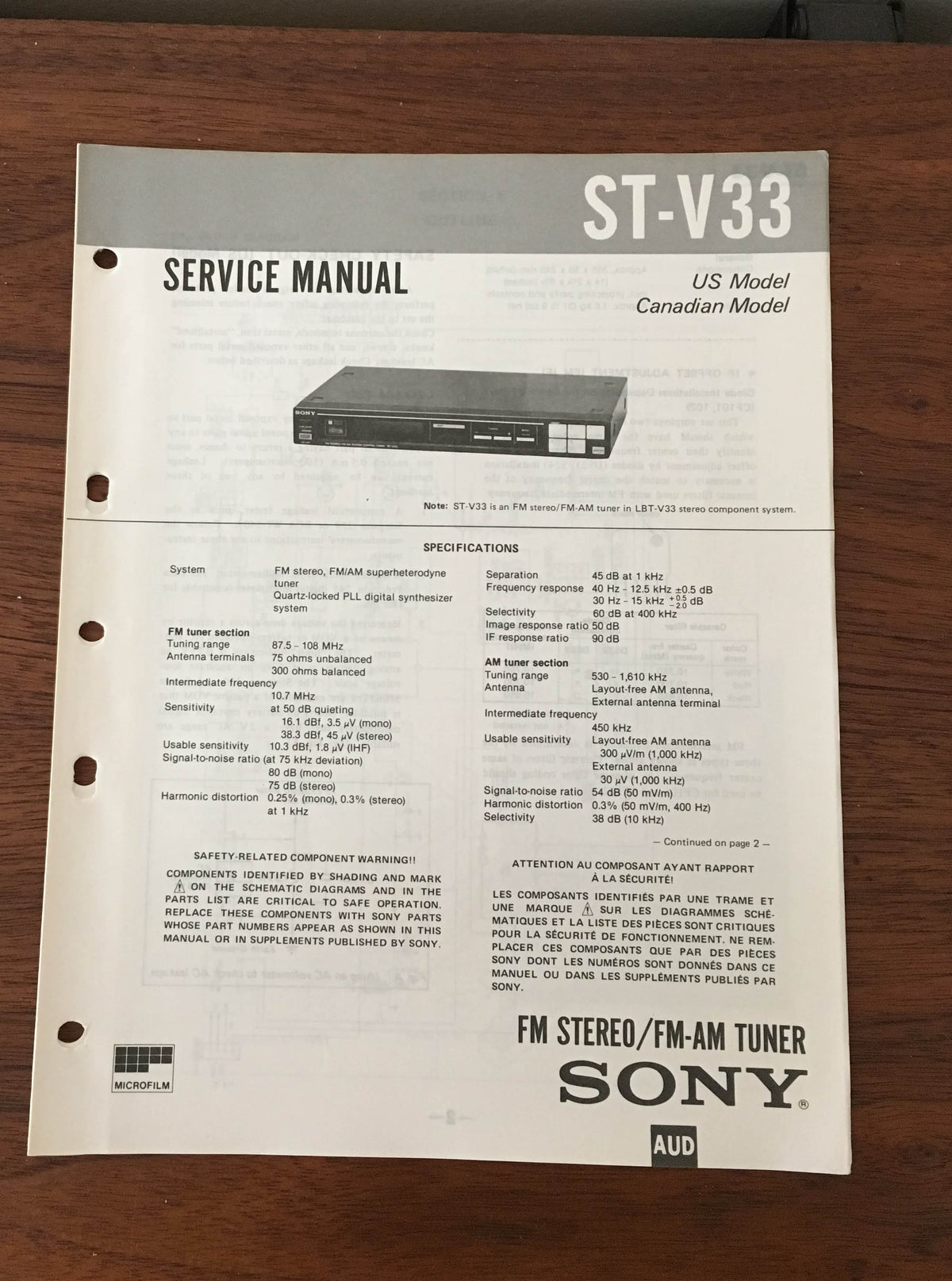 Sony ST-V33 Tuner Service Manual *Original*