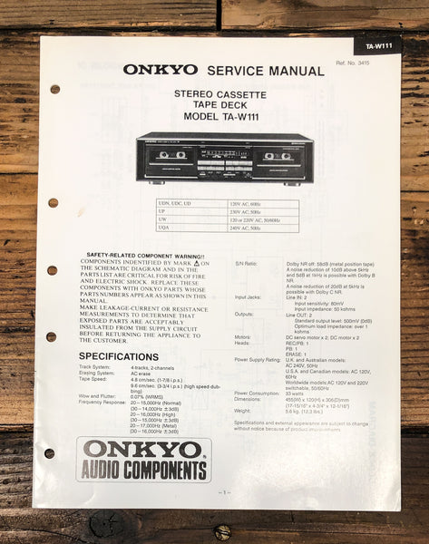 Onkyo TA-W111 Cassette Service Manual *Original*