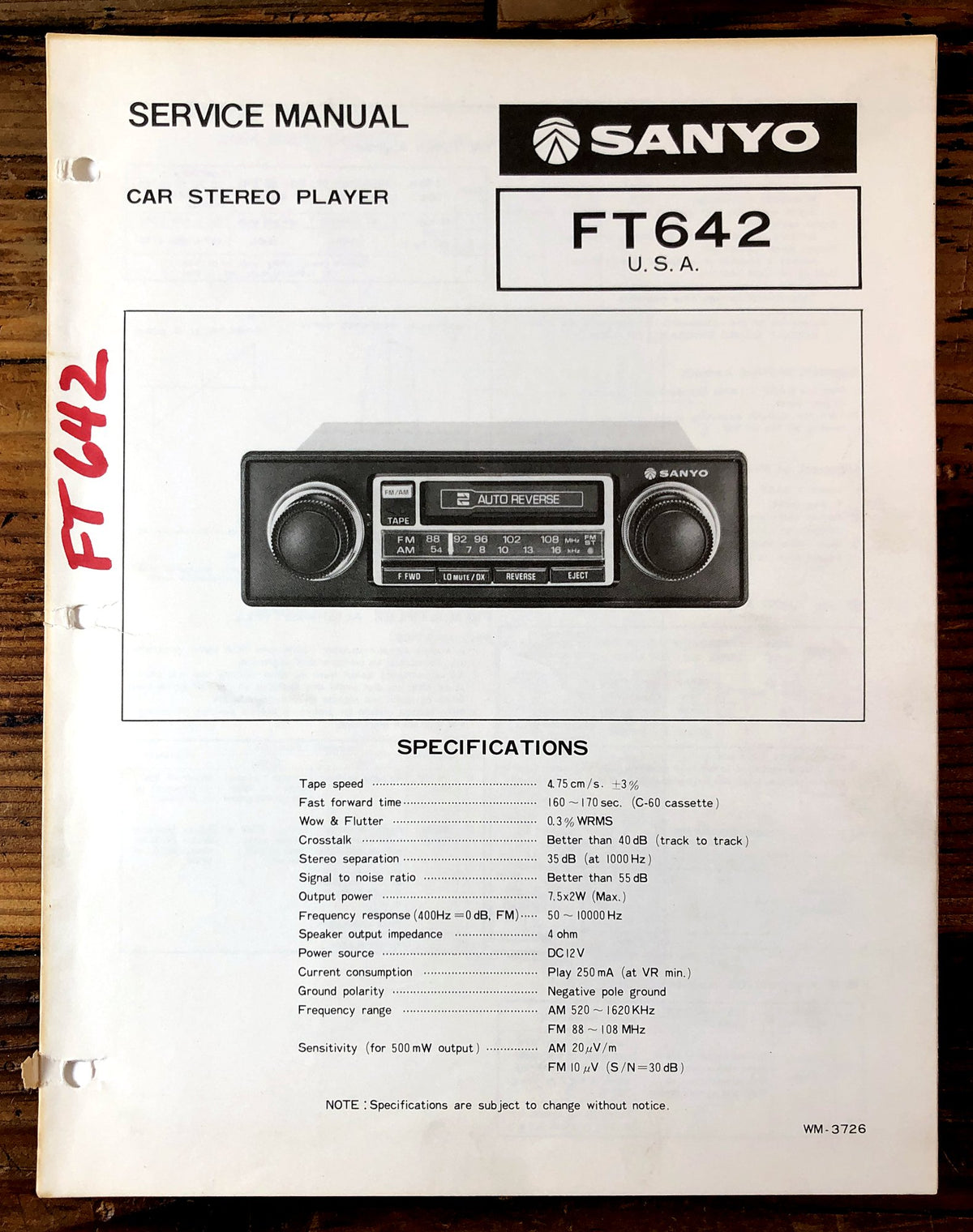 Sanyo FT642 Car Stereo Player Service Manual *Original*