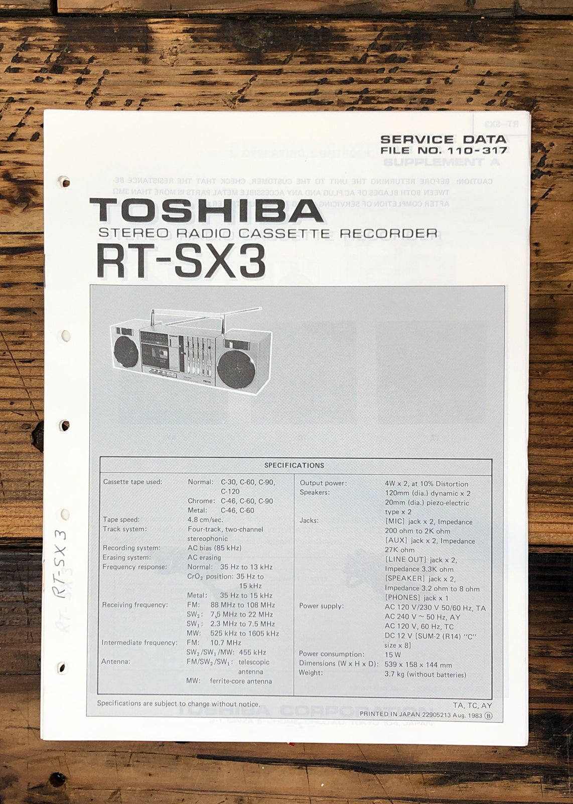 Toshiba RT-SX3 Stereo Service Manual *Original*