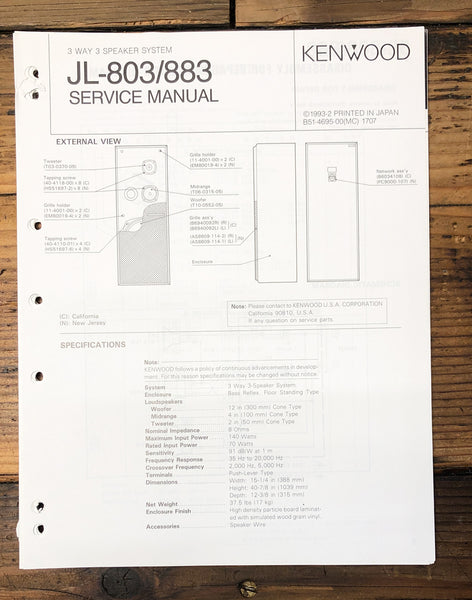 Kenwood JL-803 JL-883 Speaker  Service Manual *Original*