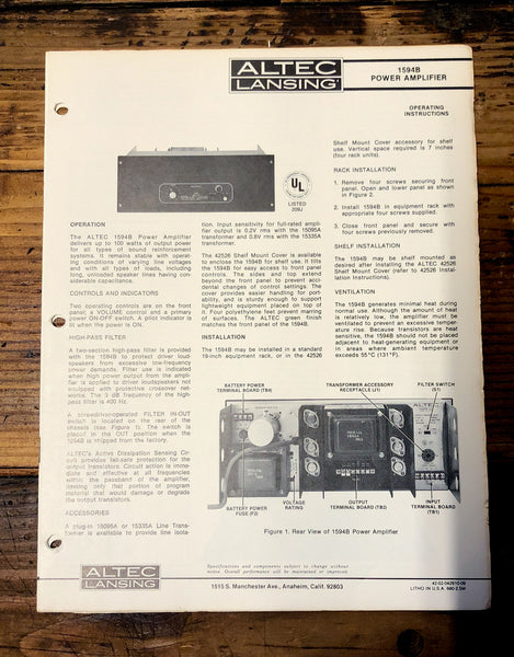 Altec Model 1594B Amplifier  Owners Manual & Schematic *Orig*