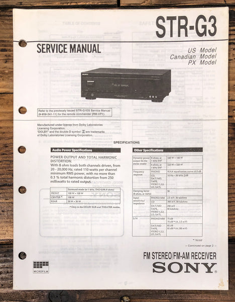 Sony STR-G3 Receiver Service Manual *Original*