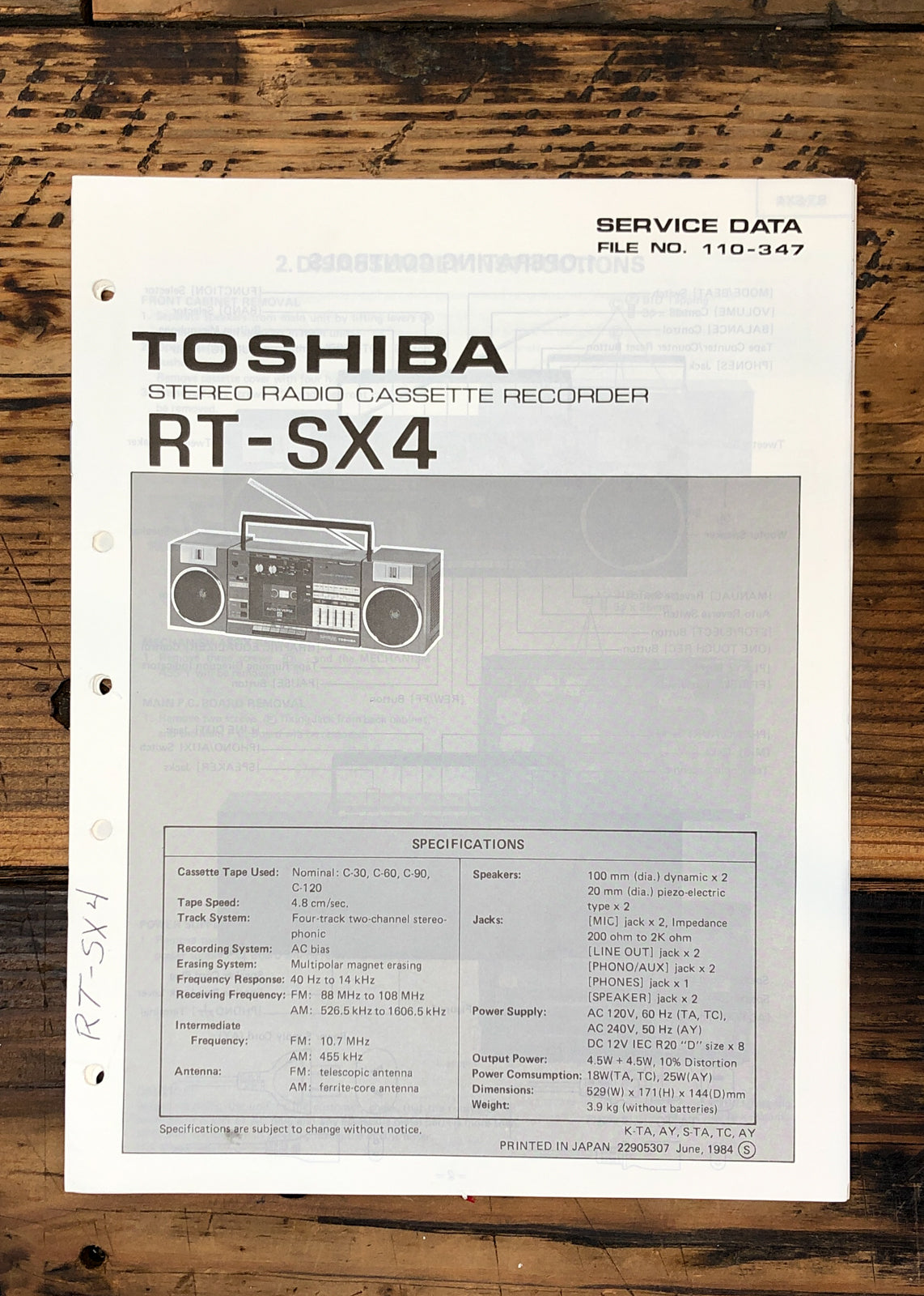 Toshiba RT-SX4 Stereo Service Manual *Original*