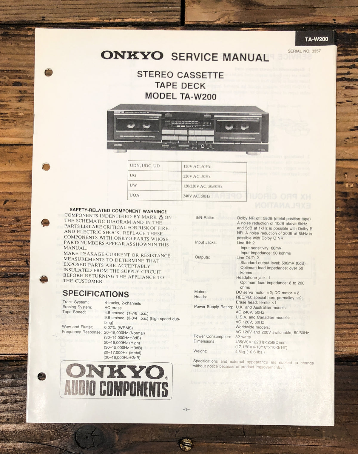 Onkyo TA-W200 Cassette Service Manual *Original*