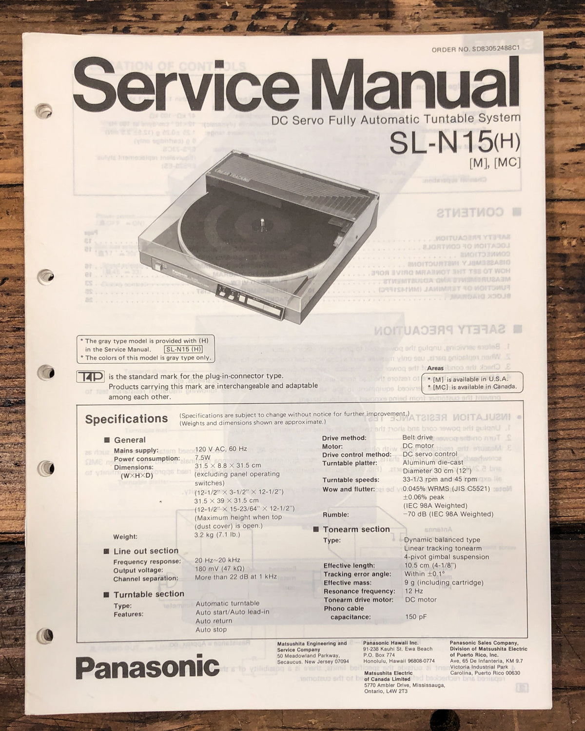 Technics / Panasonic SL-N15 Turntable  Service Manual *Original*
