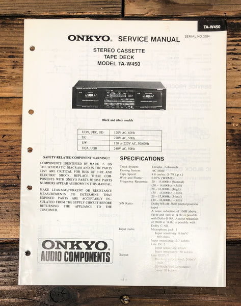 Onkyo TA-W450 Cassette Service Manual *Original*