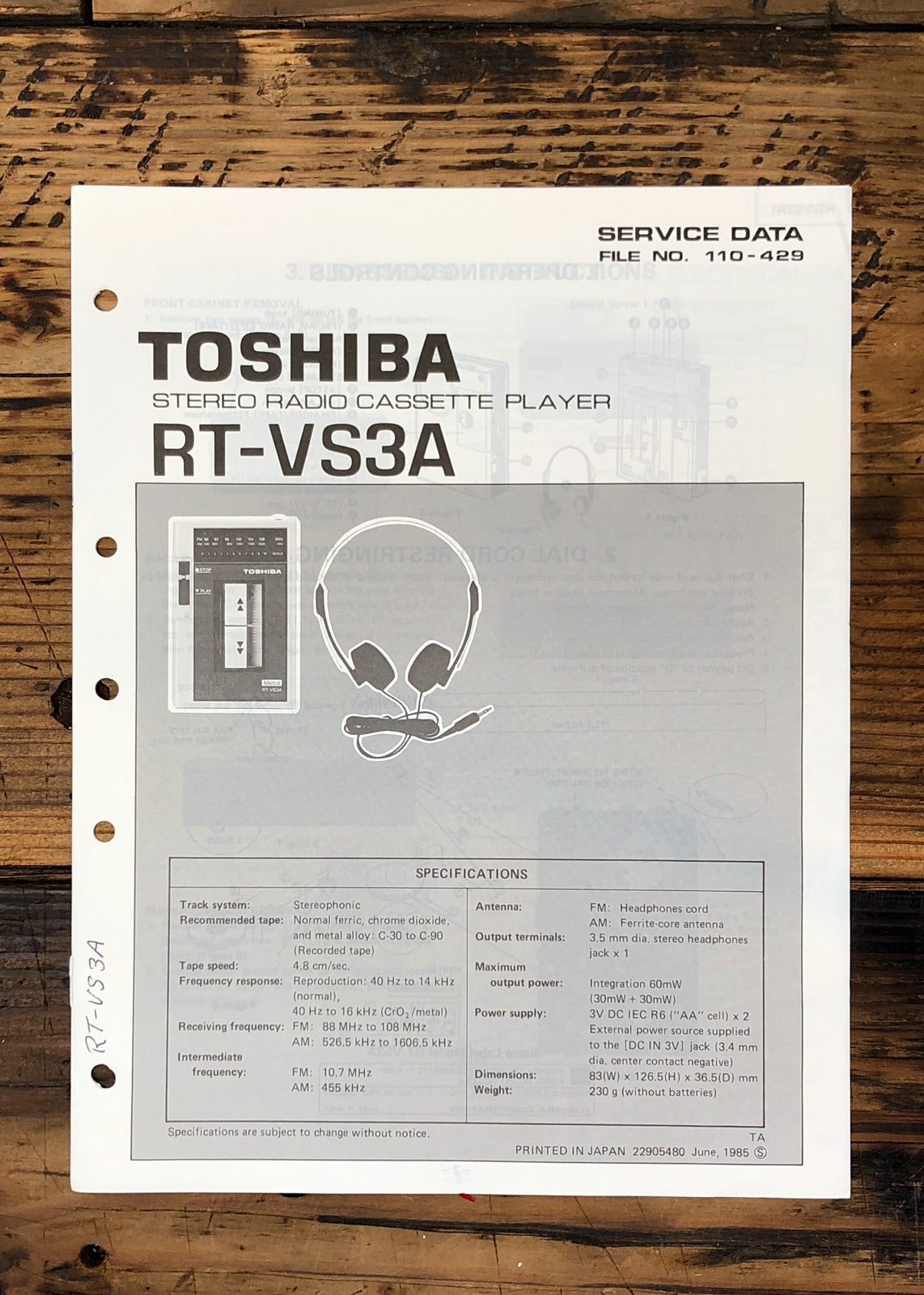 Toshiba RT-VS3A Stereo Service Manual *Original*
