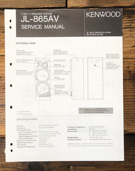 Kenwood JL-865AV Speaker  Service Manual *Original*