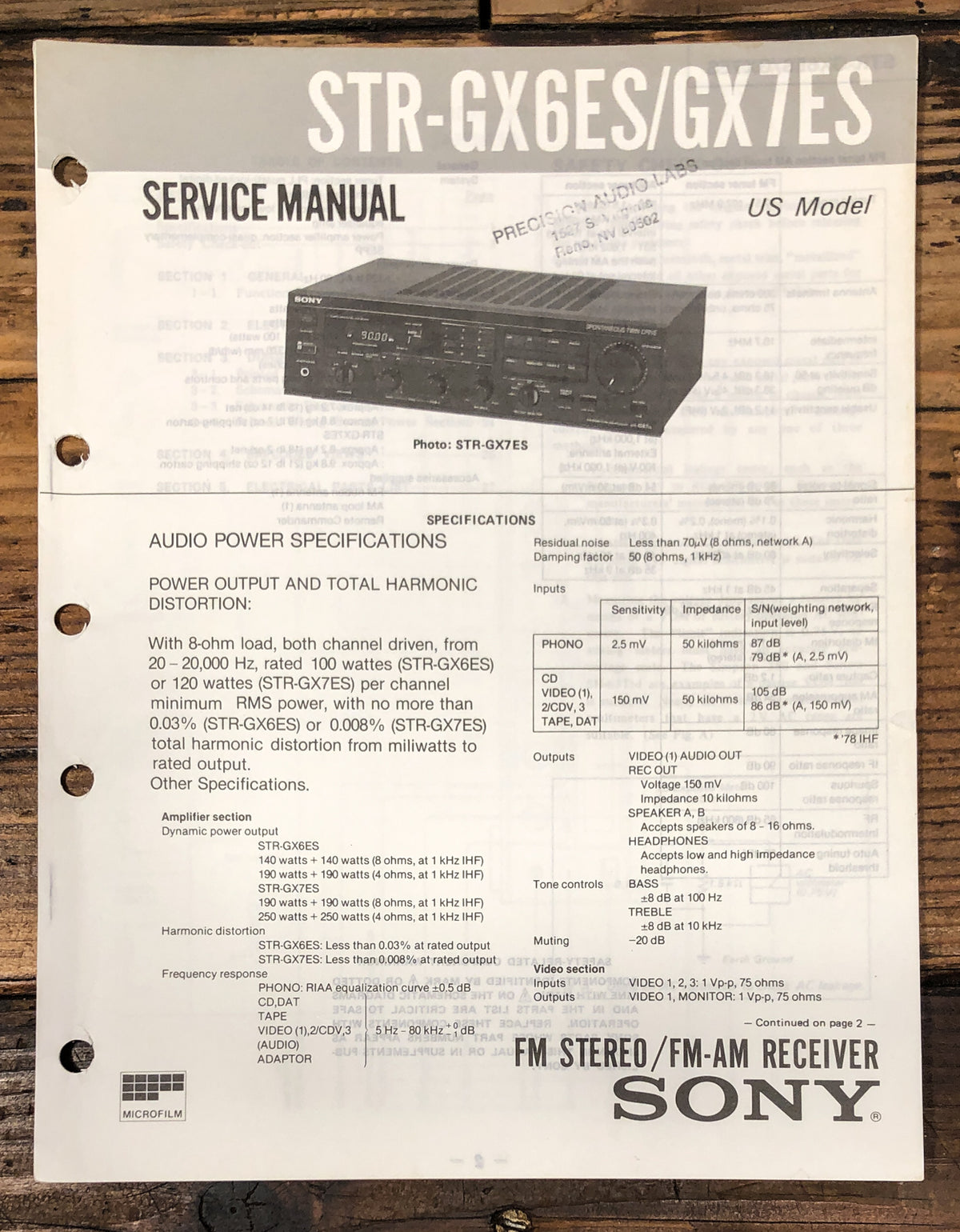 Sony STR-GX6ES STR-GX7ES Receiver  Service Manual *Original*