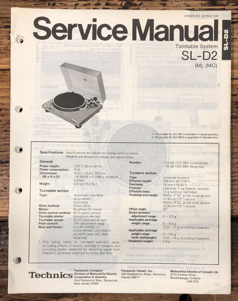 Technics SL-D2 Turntable  Service Manual *Original*