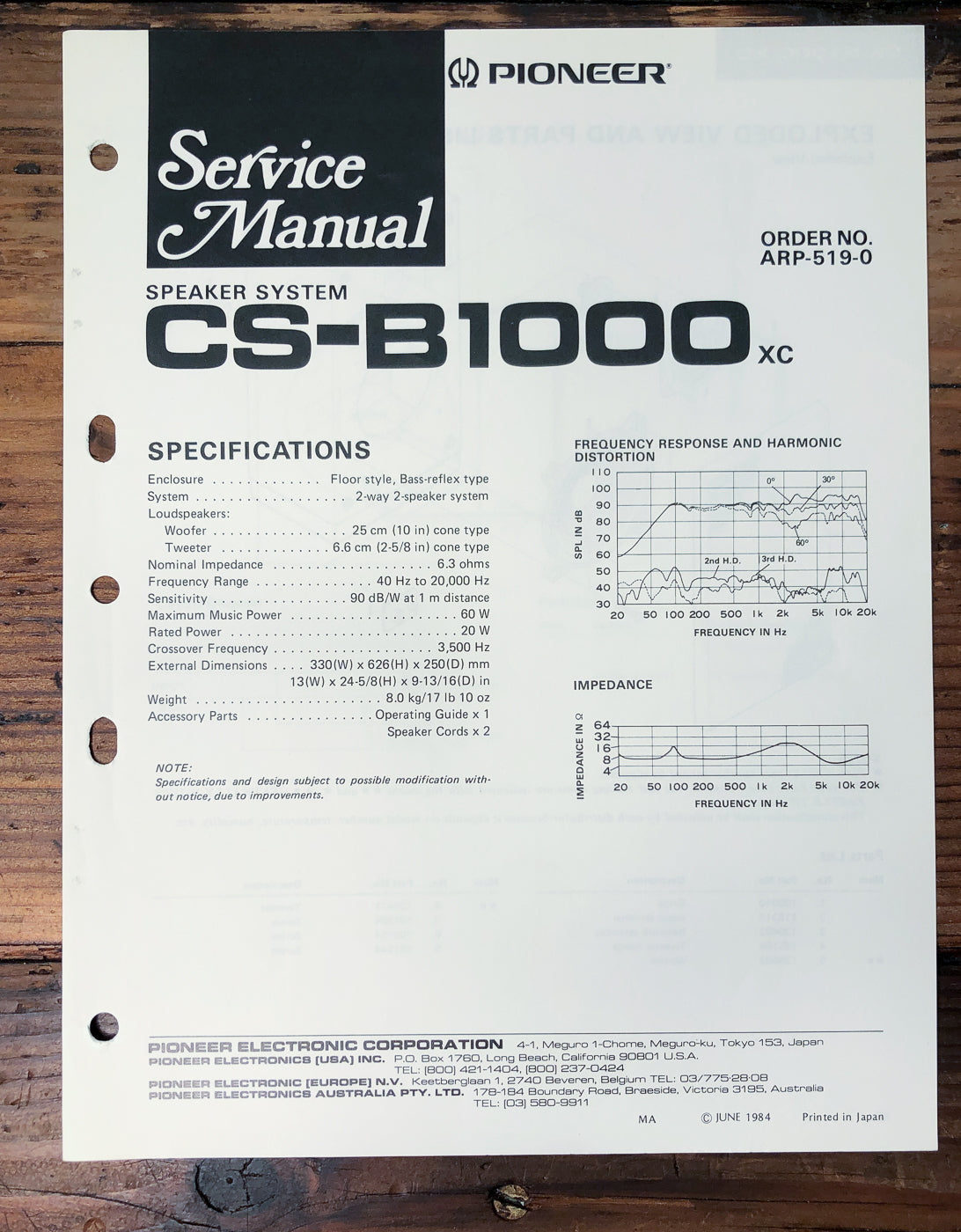 Pioneer CS-B1000 Speaker System Service Manual *Original*