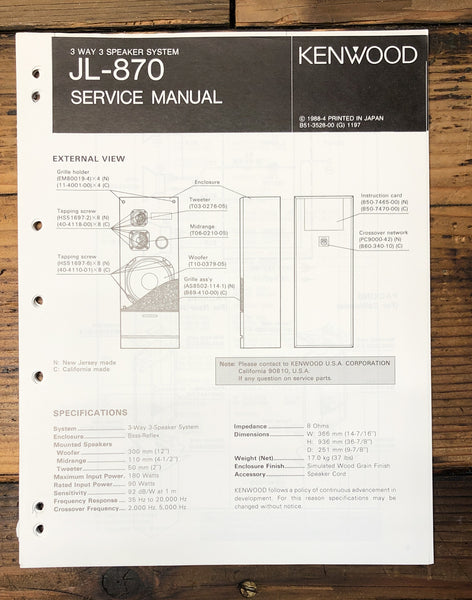 Kenwood JL-870 Speaker  Service Manual *Original*