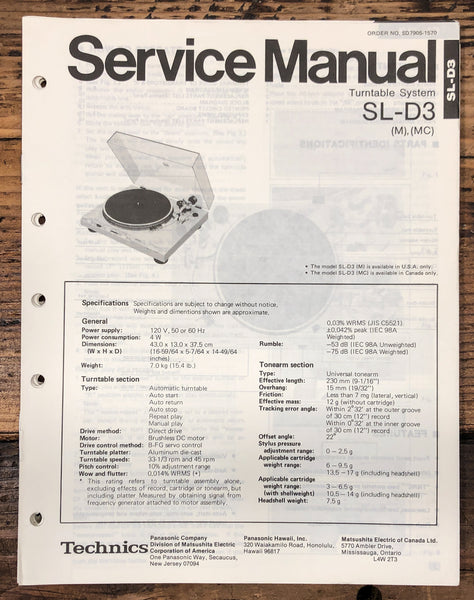 Technics SL-D3 Turntable  Service Manual *Original*